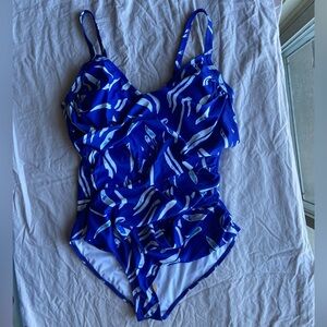 NWOT swimsuit in bright blue with white detailed pattern